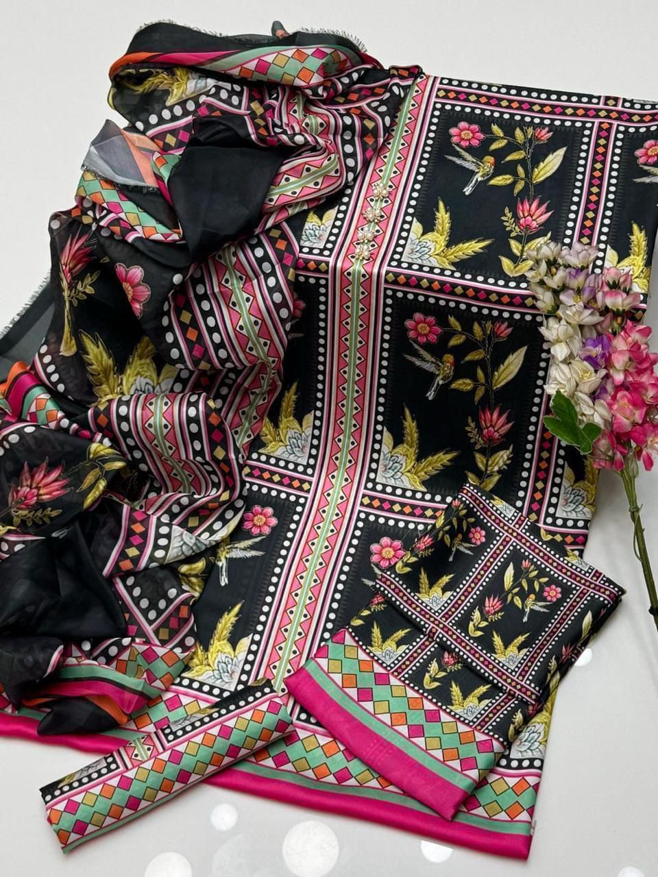 Lulusar Digital Printed 3-Piece Silk Suit ( Design 3)