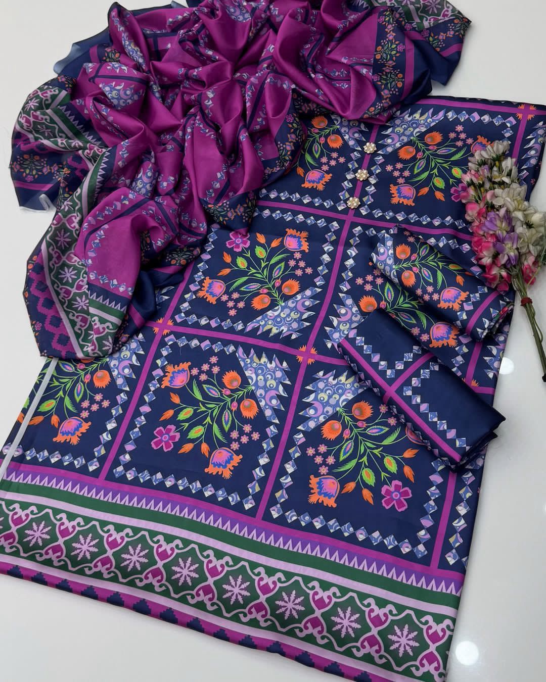 Lulusar Digital Printed 3-Piece Silk Suit ( Design 4)